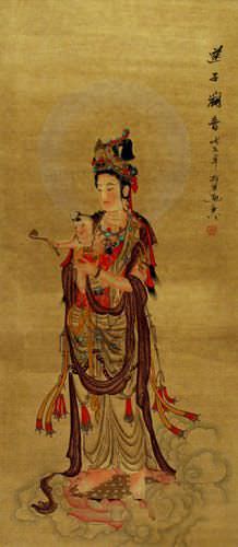 Guanyin Buddha Delivers a Child - Partial-Print Wall Scroll close up view