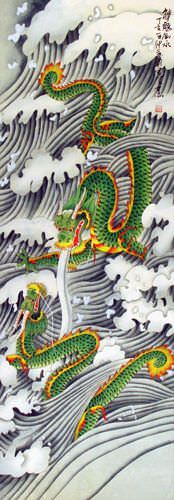 Dragons Play in the Sea - Chinese Silk Scroll close up view