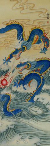 Two Dragons Pearl Fireball Revelry - Wall Scroll close up view