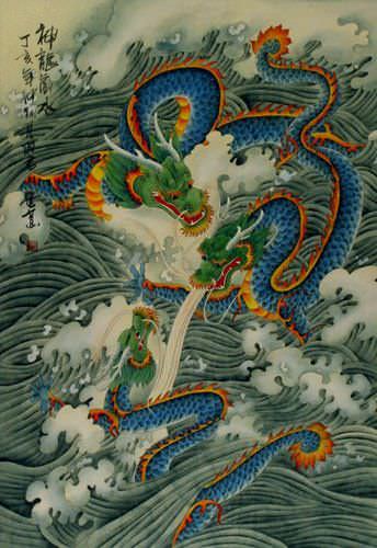 Dragons Play in the Sea - Chinese Silk Scroll close up view