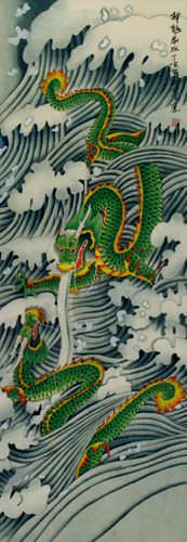 Two Green Dragons - Wall Scroll close up view