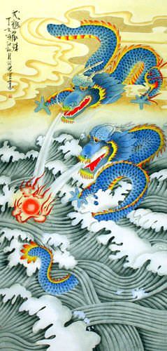 Big Two Dragons Playing with Pearl of Lightning - Wall Scroll close up view