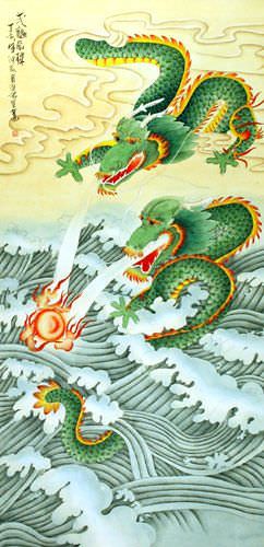 Big Two Dragons Playing with Pearl of Lightning - Wall Scroll close up view