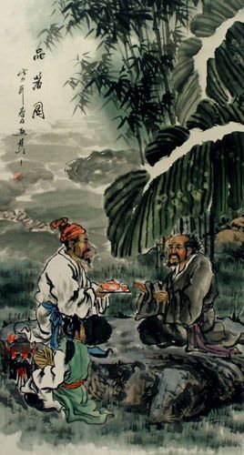 Drinking Good Tea - Ancient Style Wall Scroll close up view