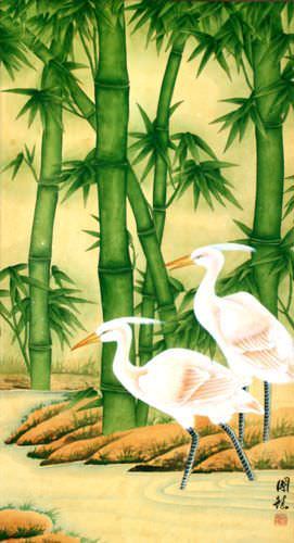 Big Egrets and Green Bamboo Wall Scroll close up view