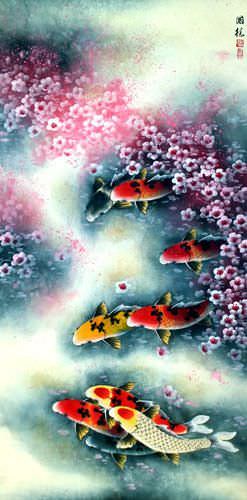 Koi Fish and Plum Blossom Wall Scroll close up view