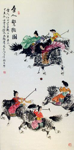 Traditional Chinese Horseback Polo - Large Wall Scroll close up view