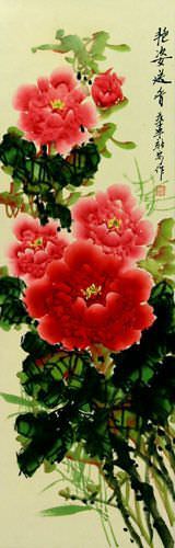 Colorful Peony Flower Wall Scroll close up view