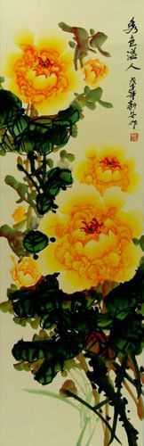 Yellow / Orange Peony Flowers Wall Scroll close up view