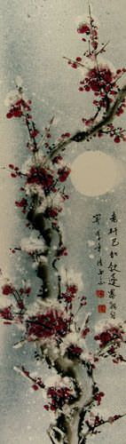 Chinese Snow Plum Blossom Wall Scroll close up view