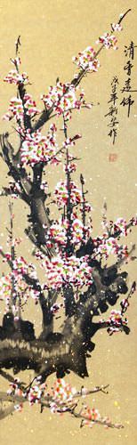 Pink Plum Blossom Wall Scroll close up view