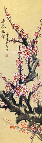 Colorful Reddish-Pink Plum Blossom Wall Scroll close up view