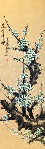 Green Spring Plum Blossom Wall Scroll close up view