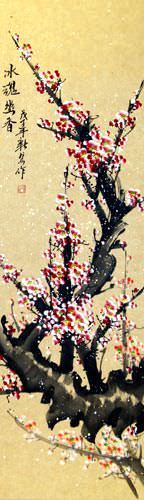 Colorful Pink Plum Blossom Wall Scroll close up view