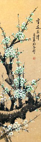 Green Plum Blossom - Asian Scroll close up view