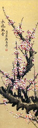 Chinese Pink Plum Blossom Wall Scroll close up view