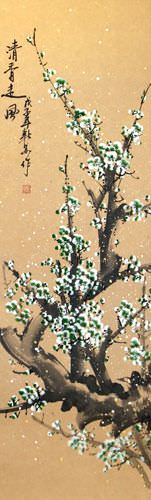 Green Plum Blossom - Chinese Scroll close up view