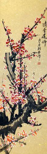 Pink Plum Blossom Wall Scroll close up view