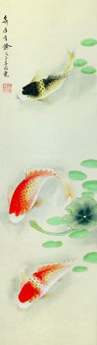 Year In, Year Out, Have Riches Chinese Koi Fish Wall Scroll close up view