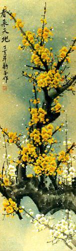 Colorful Golden-Yellow Plum Blossom Wall Scroll close up view