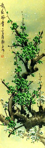Chinese Green Plum Blossoms Wall Scroll close up view
