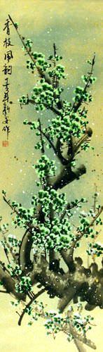 Chinese Green Plum Blossom Wall Scroll close up view