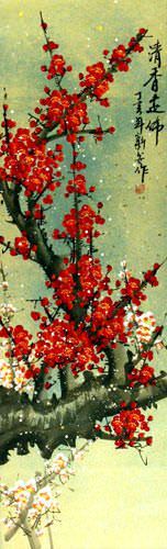 Colorful Red Plum Blossom Wall Scroll close up view