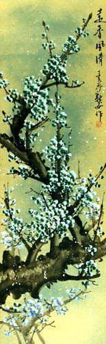 Blue / Green Plum Blossoms - Asian Scroll close up view