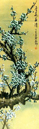 Blue Plum Blossom Colorful Wall Scroll close up view
