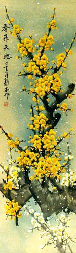 Colorful Golden-Yellow Plum Blossom Chinese Scroll close up view
