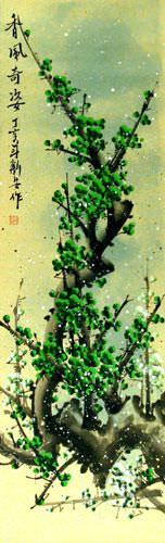 Colorful Green Plum Blossoms Wall Scroll close up view