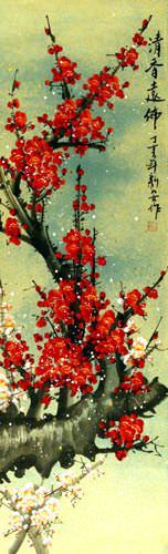 Colorful Red Plum Blossom Wall Scroll close up view