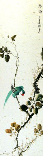 Bird Song - Parrot Bird and Flower Wall Scroll close up view