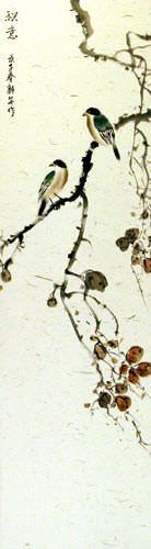 Spirit of Autumn Bird and Flower Wall Scroll close up view