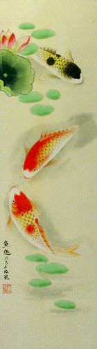 Koi Fish Having Fun in Lotus Pond Wall Scroll close up view