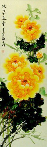 Yellow Peony Flower Wall Scroll close up view