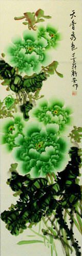 Green Peony Flower Chinese Scroll close up view