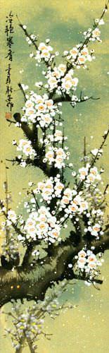 White Plum Blossom Chinese Scroll close up view