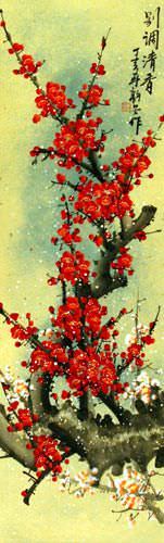 Red Colorful Plum Blossom Wall Scroll close up view
