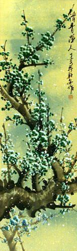 Greenish Blue Plum Blossom Wall Scroll close up view