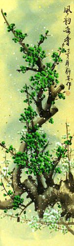 Chinese Green Plum Blossoms Wall Scroll close up view