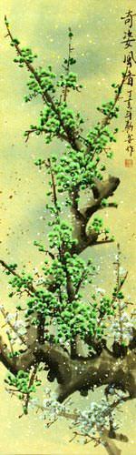 Blue-Green Plum Blossoms Wall Scroll close up view