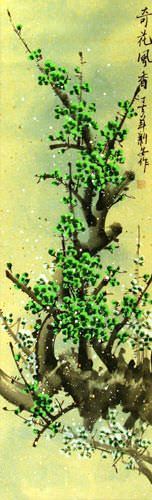 Strange Beauty Fragrant Wind - Green Plum Blossom Wall Scroll close up view