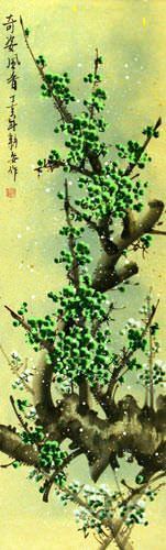 Strange Beauty Fragrant Wind - Green Plum Blossom Wall Scroll close up view