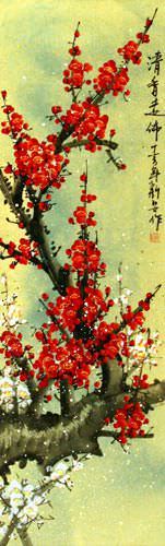 Colorful Red Plum Blossom Wall Scroll close up view
