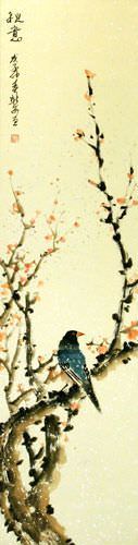 Spirit of Autumn Bird and Flower Wall Scroll close up view