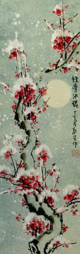 Blooming Chinese Snow Plum Blossoms Wall Scroll close up view
