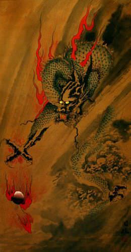 Flying Chinese Dragon and Lightning Pearl - Chinese Wall Scroll ...