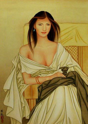 Beautiful Woman - Contemporary Chinese Art Scroll close up view