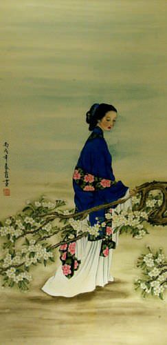 Woman and Plum Blossoms - Large Wall Scroll close up view